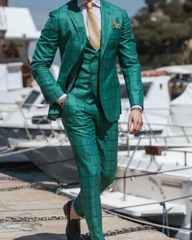 Fashion Green Plaid Three Pieces Notched Lapel Prom Men Suits