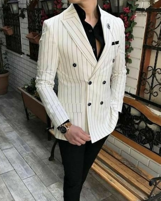 Eden Off White Striped Double Breasted Peaked Lapel Prom Men Suits