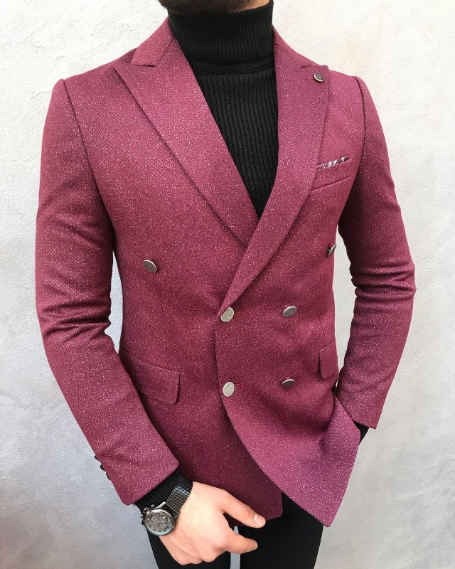 Elton Burgundy Double Breasted Peaked Lapel Prom Men Suits