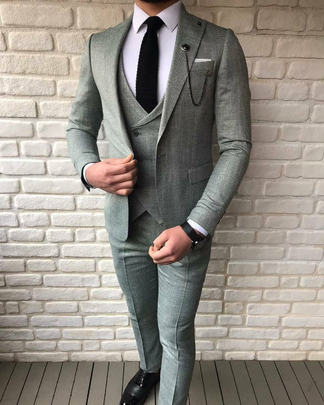 Chic Sage Three Pieces Peaked Lapel Slim Fit Prom Men Suits