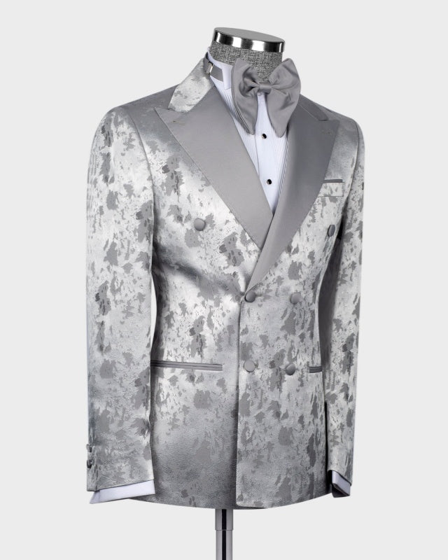 Bespoke Silver Gray Jacquard Double Breasted Peaked Lapel Prom Suits