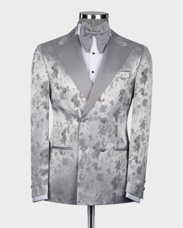 Bespoke Silver Gray Jacquard Double Breasted Peaked Lapel Prom Suits
