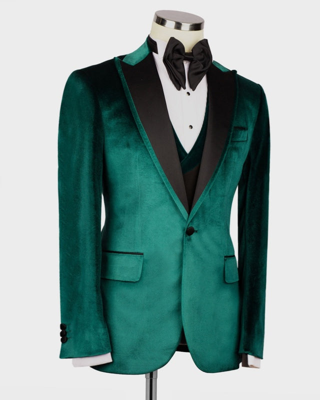 Chic Dark Green Velvet 3 Pieces Peaked Lapel Men's Prom Suits