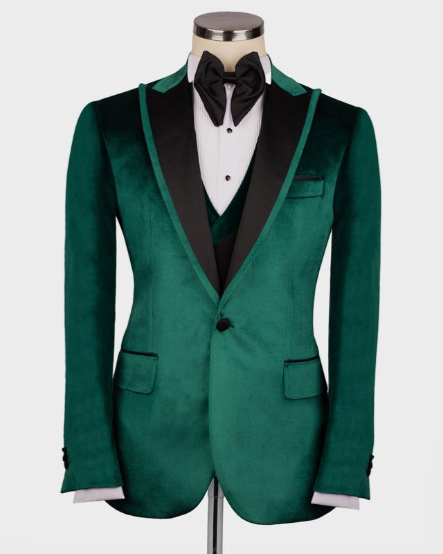 Chic Dark Green Velvet 3 Pieces Peaked Lapel Men's Prom Suits