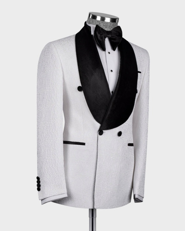 Bespoke White Jacquard Double Breasted Shawl Lapel Wedding Suits