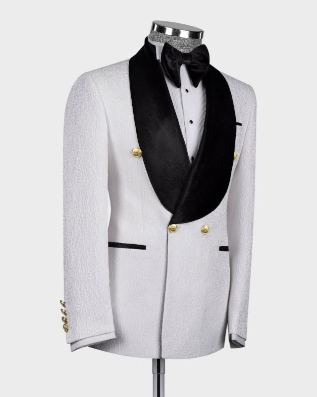 New Arrival White Jacquard Double Breasted Wedding Suits With Black Lapel