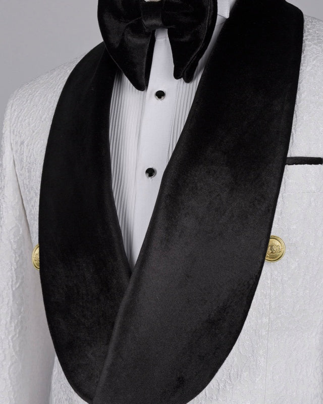 New Arrival White Jacquard Double Breasted Wedding Suits With Black Lapel