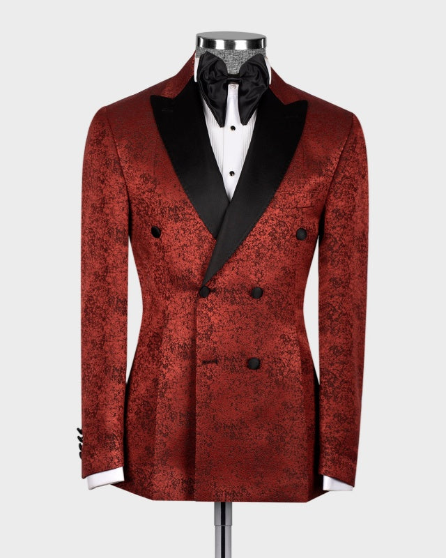 Burgundy Jacquard Double Breasted Slim Fit Men's Prom Suits