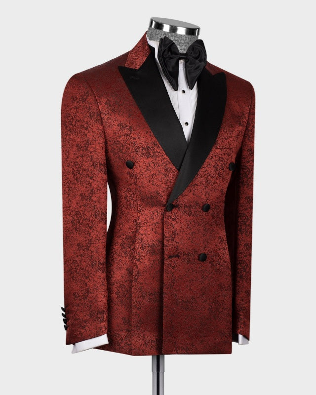 Burgundy Jacquard Double Breasted Slim Fit Men's Prom Suits