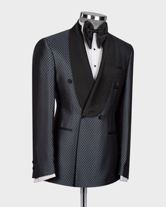 Chic Dark Gray Plaid Double Breasted Wedding Suits For Men