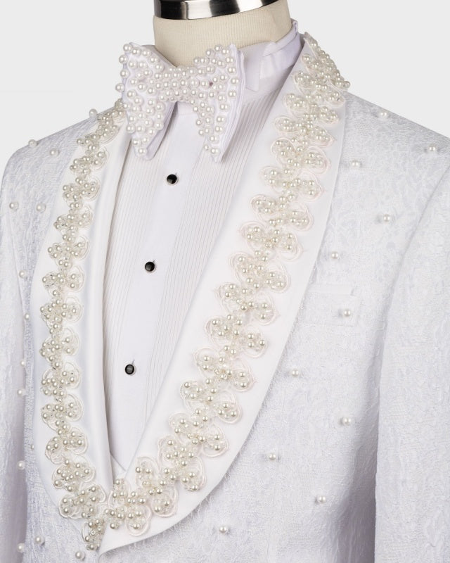 Newest White Jacquard 3 Pieces Wedding Suits With Beading