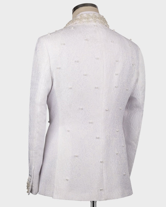 Newest White Jacquard 3 Pieces Wedding Suits With Beading