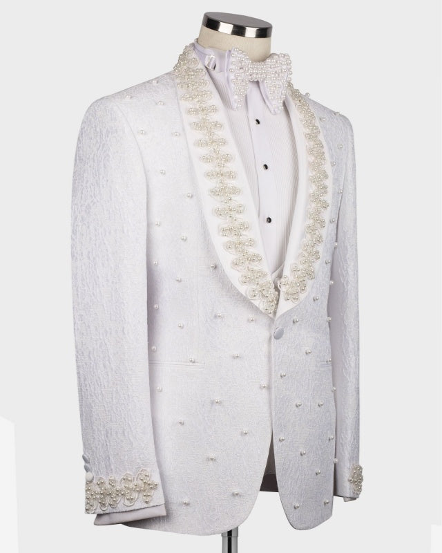 Newest White Jacquard 3 Pieces Wedding Suits With Beading