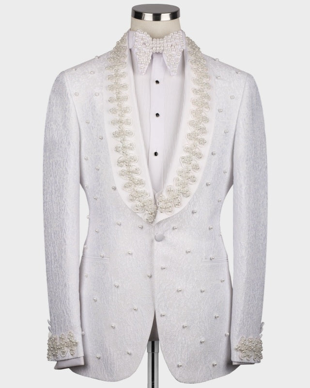 Newest White Jacquard 3 Pieces Wedding Suits With Beading
