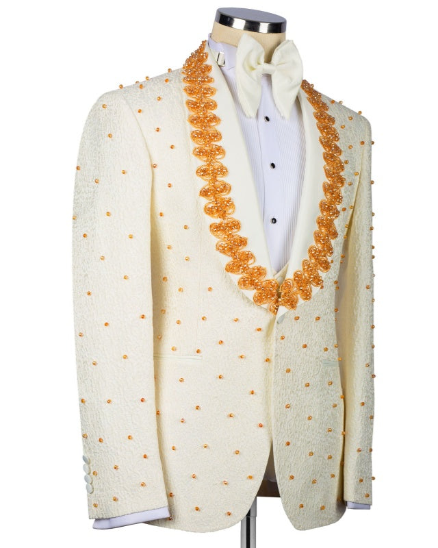 Trendy Beige 3 Pieces Jacquard Wedding Suits With Gold Beading