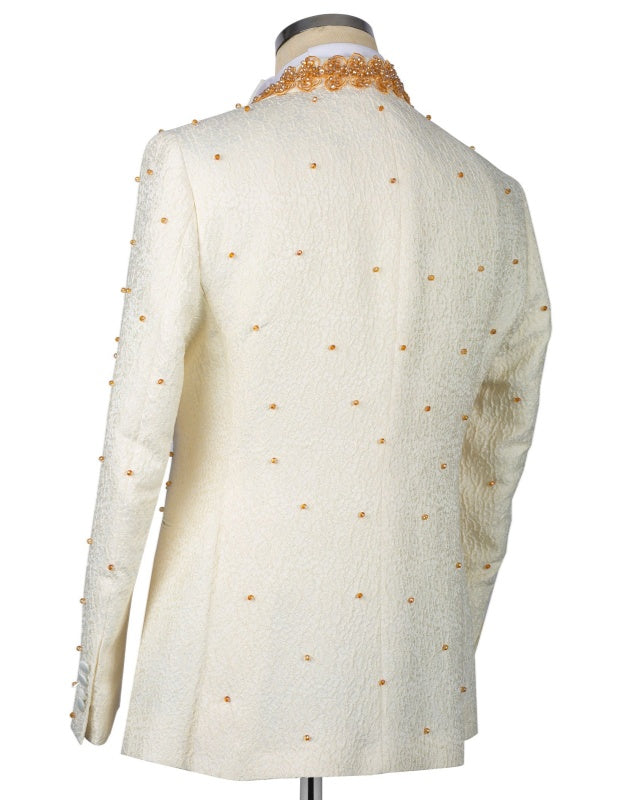 Trendy Beige 3 Pieces Jacquard Wedding Suits With Gold Beading