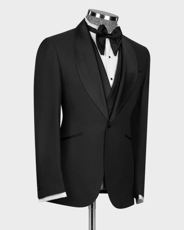 Modern Black 3 Pieces Shawl Lapel Wedding Suits With Waistcoat