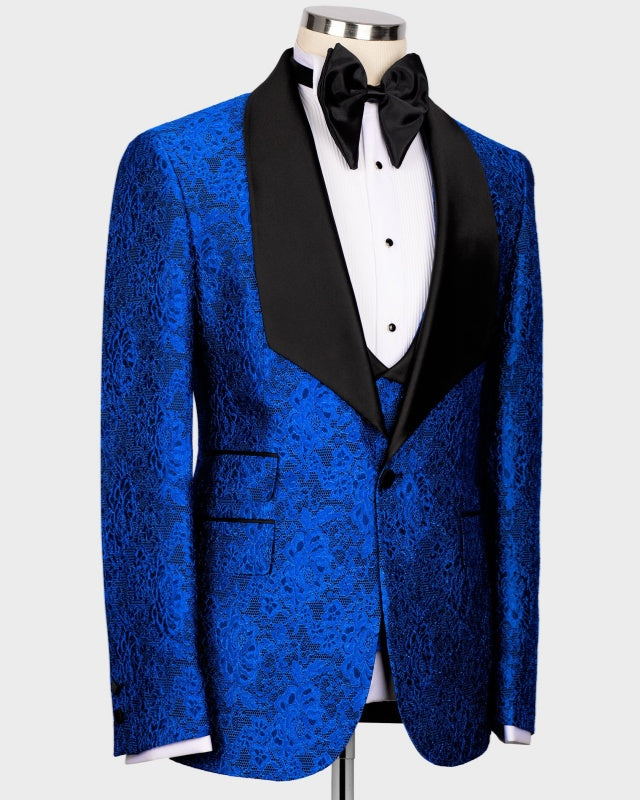 Fashion Royal Blue Jacquard 3 Pieces Shawl Lapel Prom Suits
