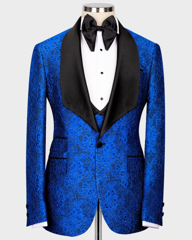 Fashion Royal Blue Jacquard 3 Pieces Shawl Lapel Prom Suits