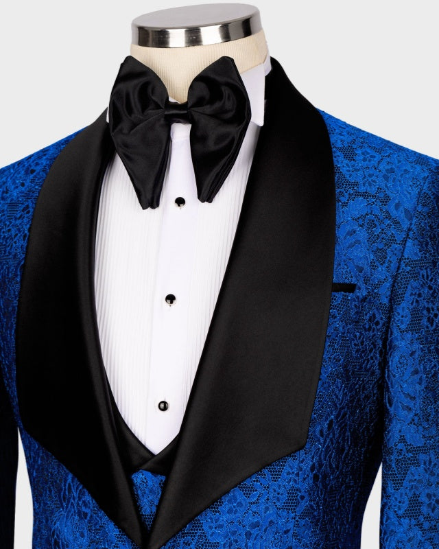 Fashion Royal Blue Jacquard 3 Pieces Shawl Lapel Prom Suits
