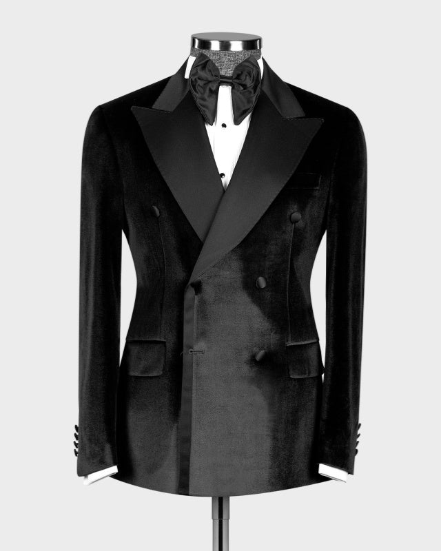 Bespoke Black Velvet Double Breasted Slim Fit Prom Men Suits