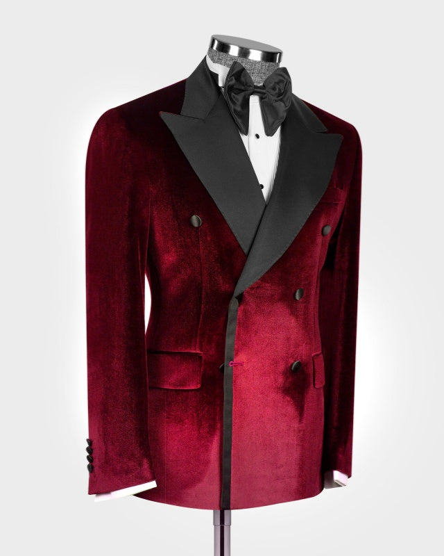 Fashion Fancy Burgundy Velvet Double Breasted Prom Suits For Men