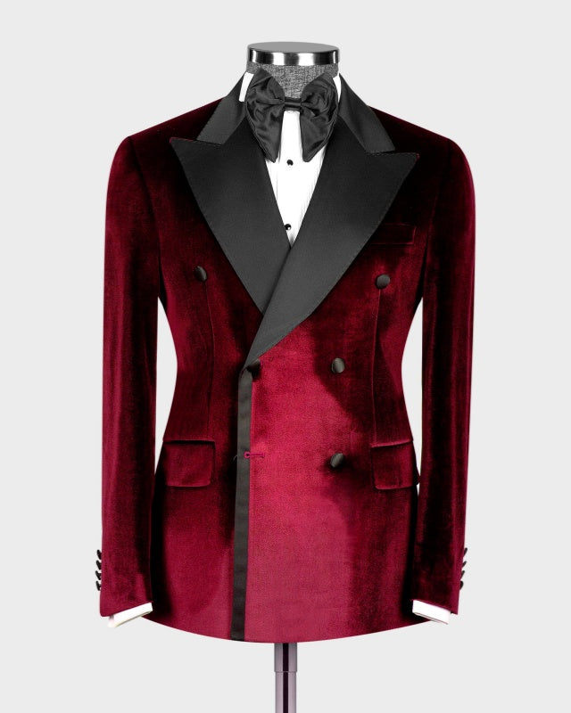 Fashion Fancy Burgundy Velvet Double Breasted Prom Suits For Men