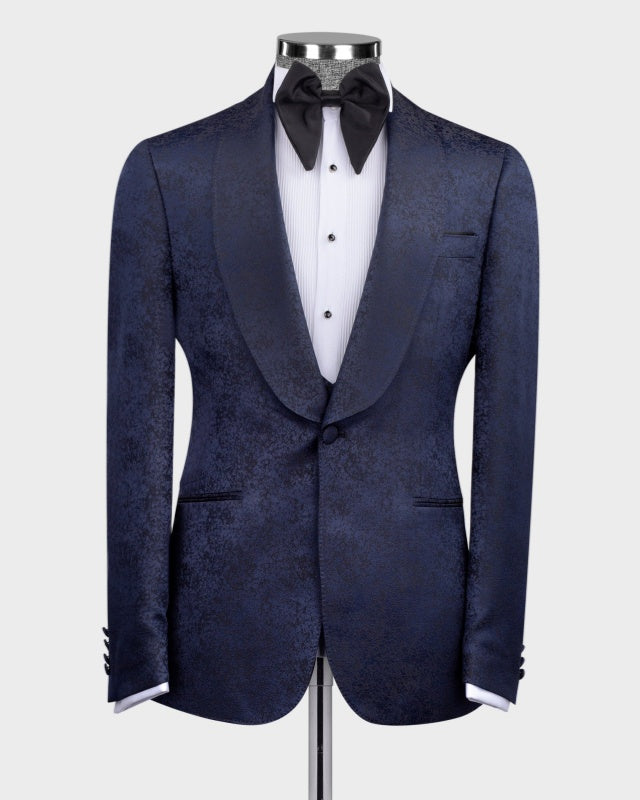 Newest Dark Navy 3 Pieces Jacquard Wedding Suits For Groom