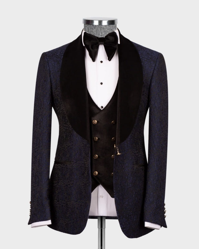 Bespoke Dark Navy 3 Pieces Jacquard Wedding Men Suits