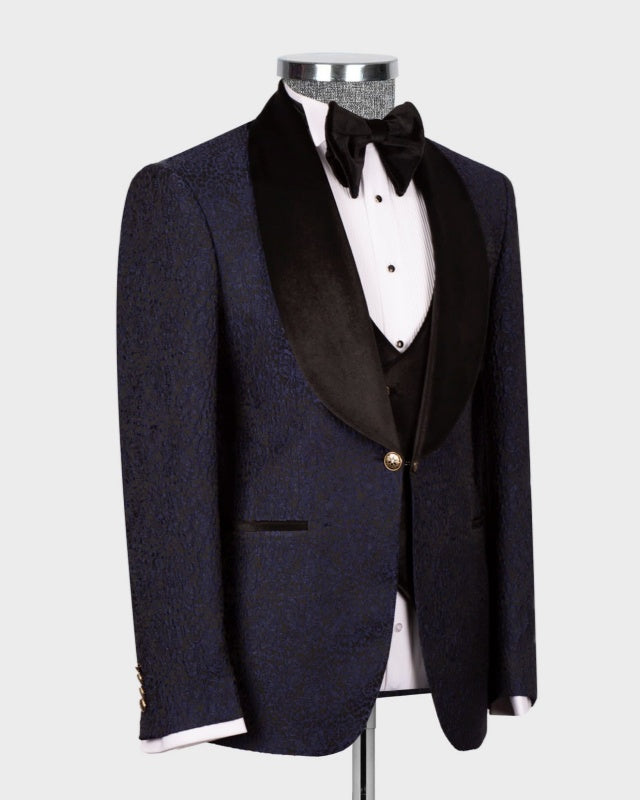 Bespoke Dark Navy 3 Pieces Jacquard Wedding Men Suits
