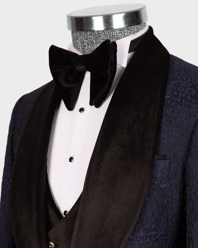 Bespoke Dark Navy 3 Pieces Jacquard Wedding Men Suits
