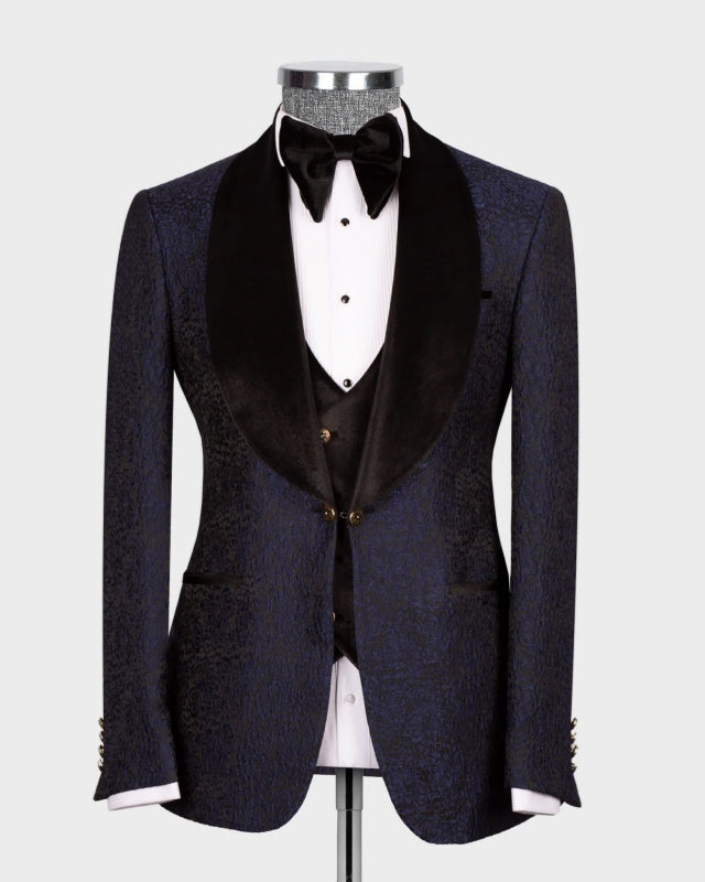 Bespoke Dark Navy 3 Pieces Jacquard Wedding Men Suits