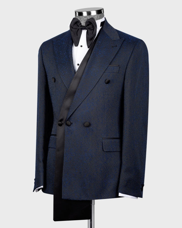 Close Fitting Navy Blue Chic Jacquard Peaked Lapel Prom Men Suits