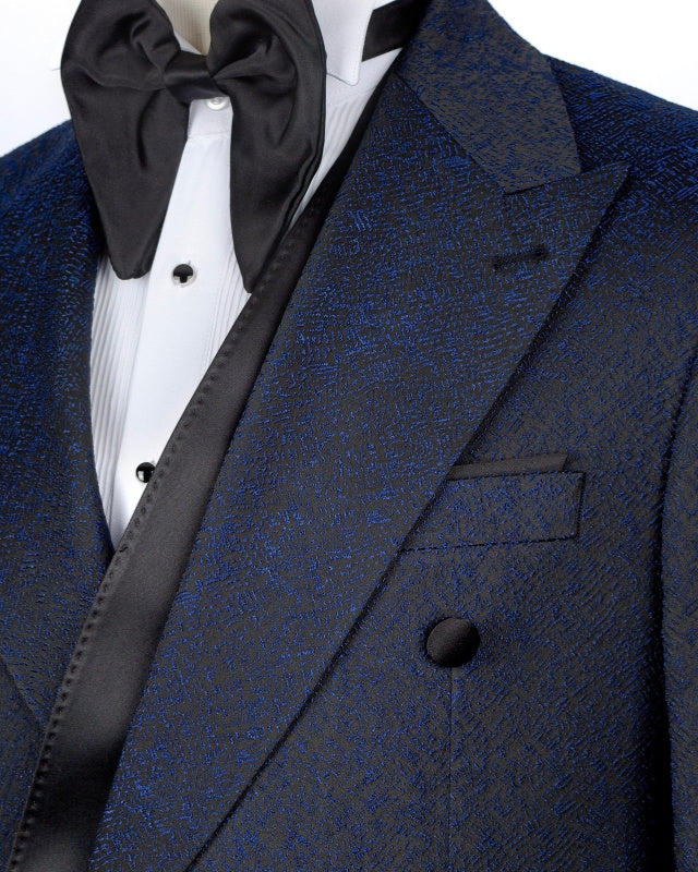 Close Fitting Navy Blue Chic Jacquard Peaked Lapel Prom Men Suits