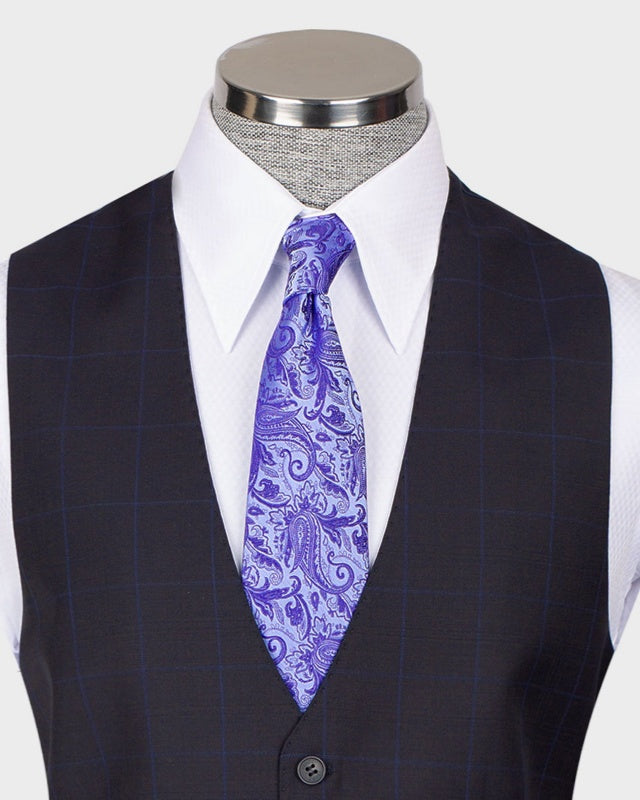 Stylish Dark Navy 3 Pieces Plaid Slim Fit Business Suits