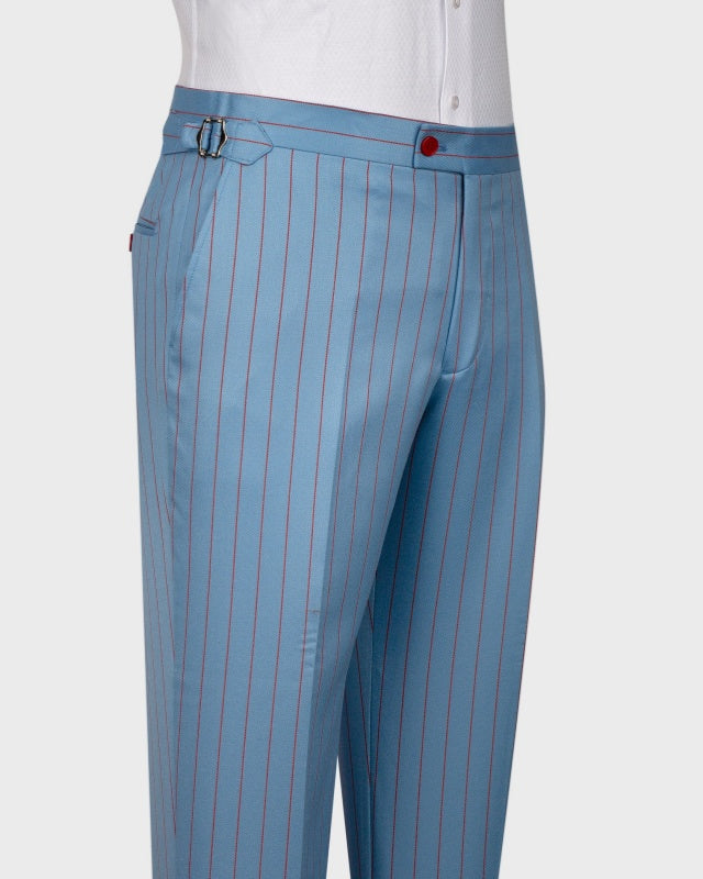 Bespoke Sky Blue 3 Pieces Business Suits With Red Pinstripes