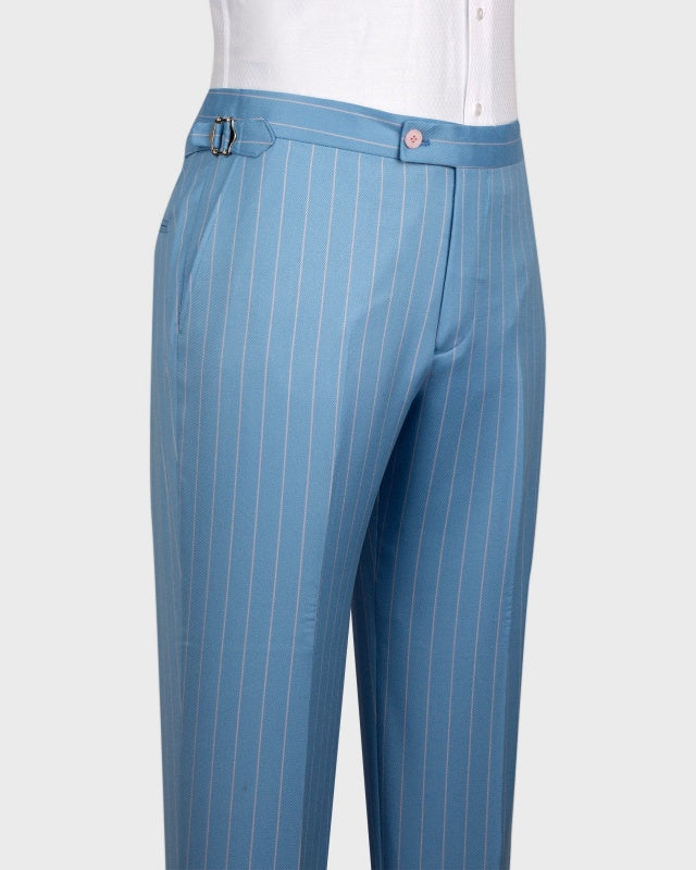 Stylish Sky Blue 3 Pieces Pinstriped Business Suits For Men