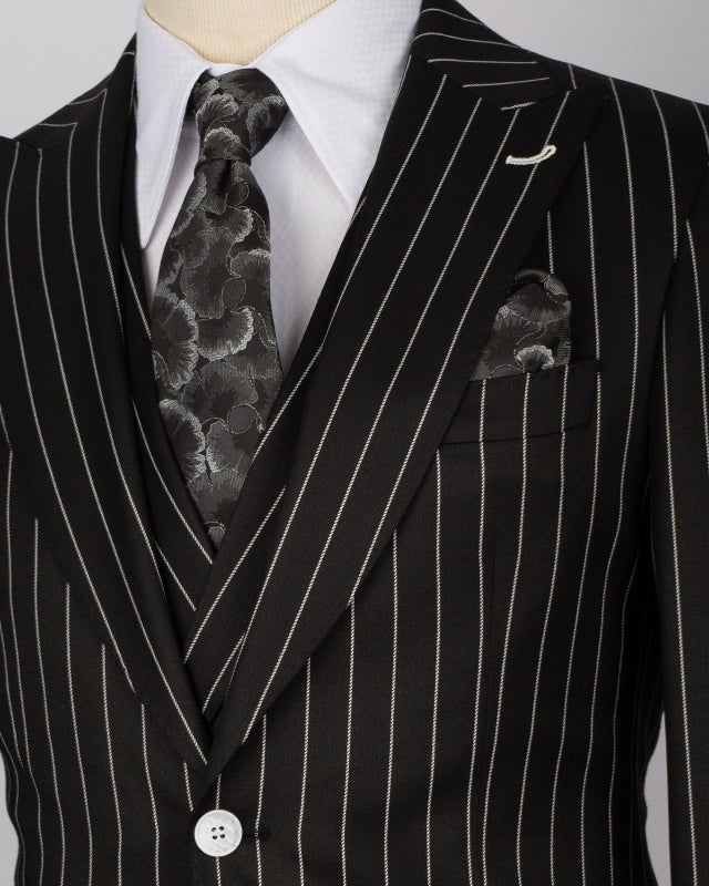 Classic Black 3 Pieces Pinstriped Close Fitting Men's Business Suits