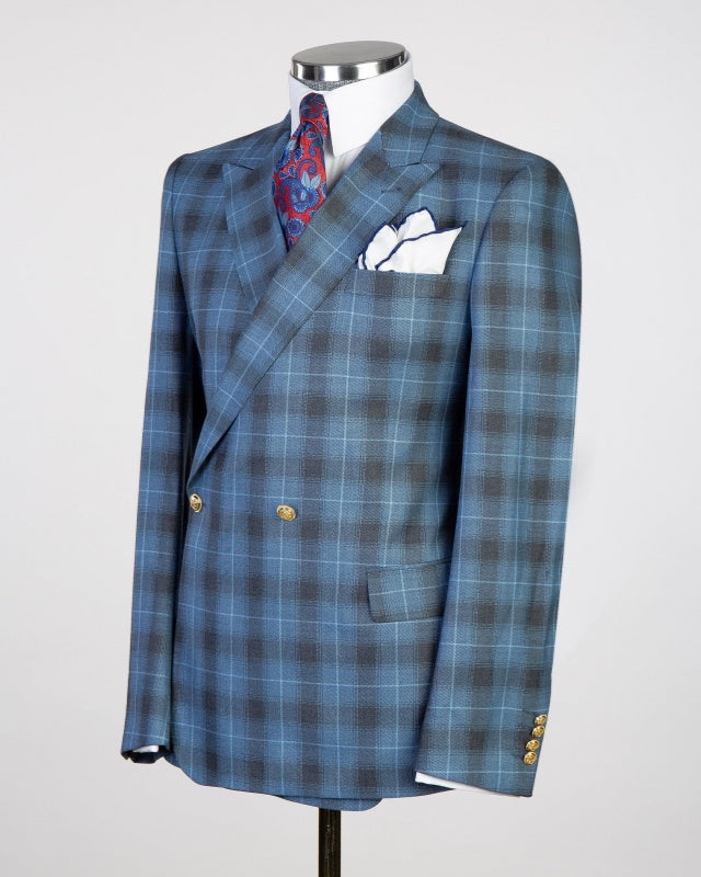 Glamorous Blue Plaid Double Breasted Business Suits For Men