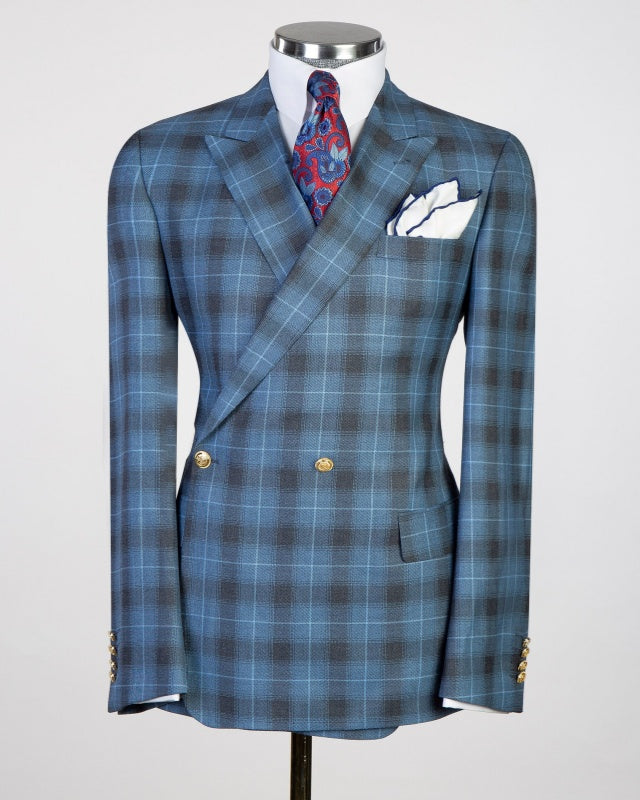 Glamorous Blue Plaid Double Breasted Business Suits For Men