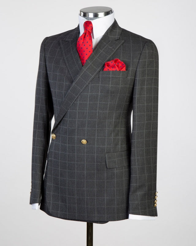 Modern Dark Gray Double Breasted Plaid Slim Fit Business Suits