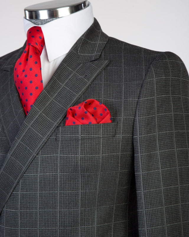 Modern Dark Gray Double Breasted Plaid Slim Fit Business Suits