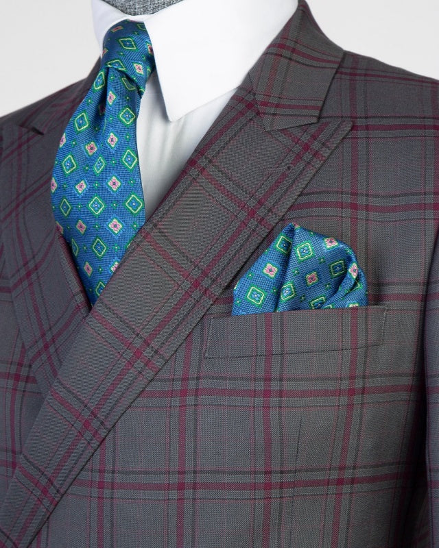 Cool Dark Gray Double Breasted Business Suits With Red Plaid