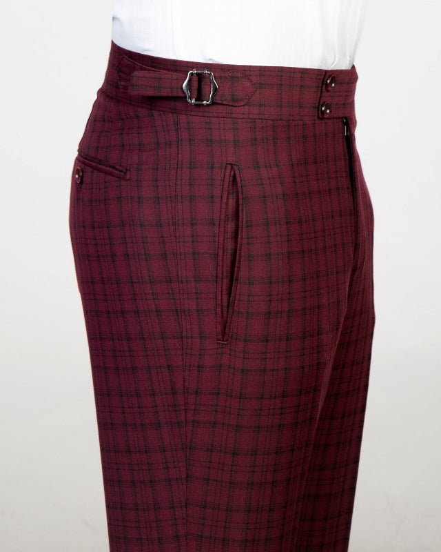 Modern Slim Fit Burgundy 3 Pieces Business Suits With Black Plaid