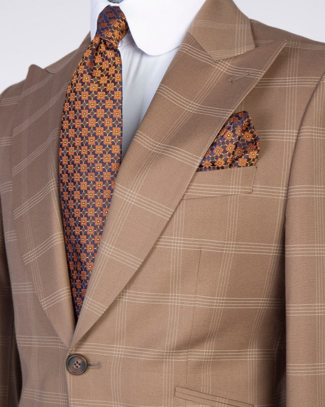 Close Fitting Khaki 3 Pieces Plaid Business Suits For Men