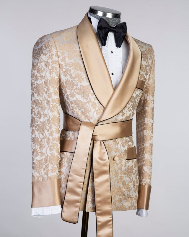 Fashion Champagne Jacquard Double Breasted Prom Suits With Belt