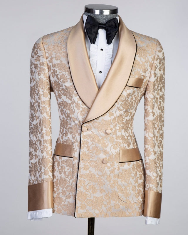 Fashion Champagne Jacquard Double Breasted Prom Suits With Belt
