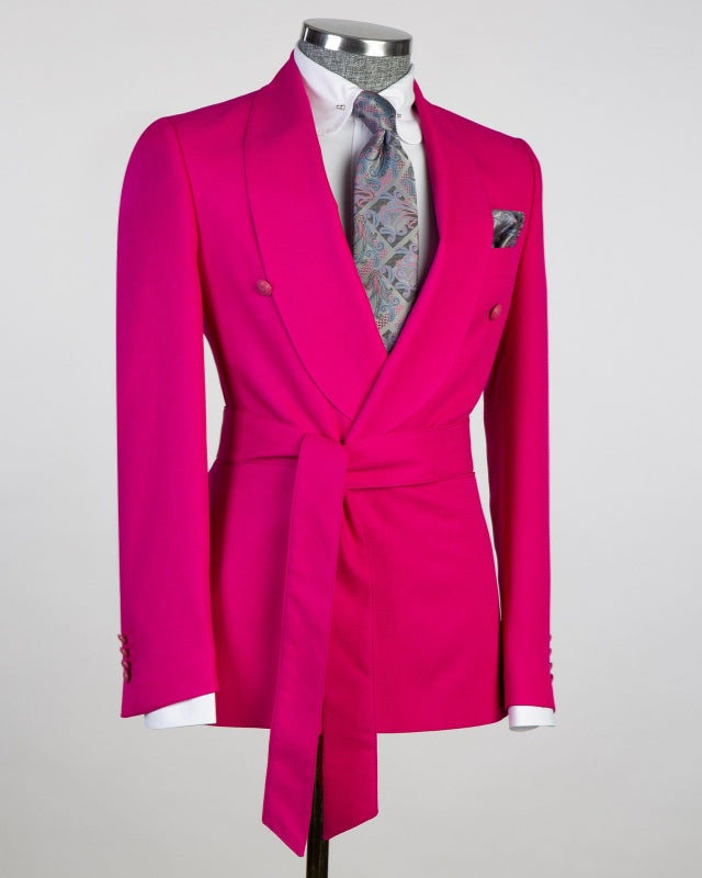 Glamorous Bright Fuchsia Shawl Lapel Prom Suits With Belt