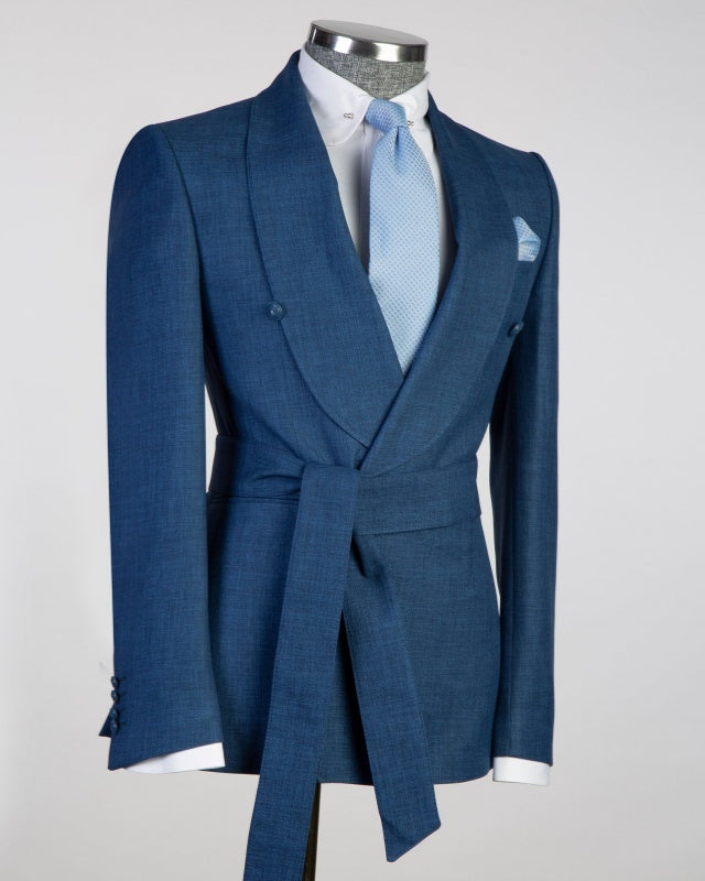 Cool Fancy Navy Blue Shawl Lapel Wedding Suits With Belt