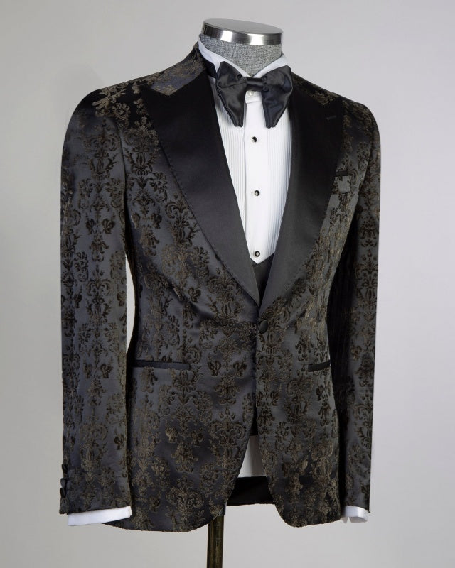 Fashion Black Jacquard 3 Pieces Stylish Prom Men Suits